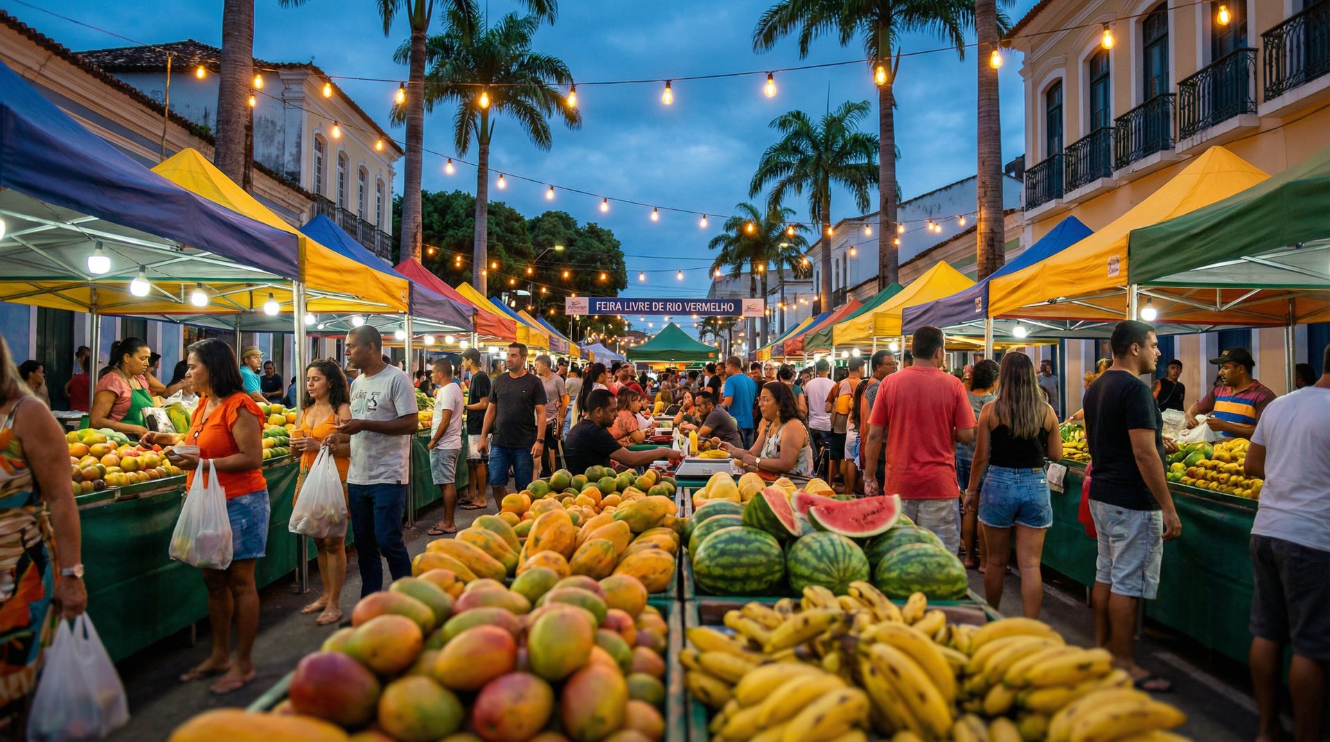Feira livre moderna e vibrante ao entardecer