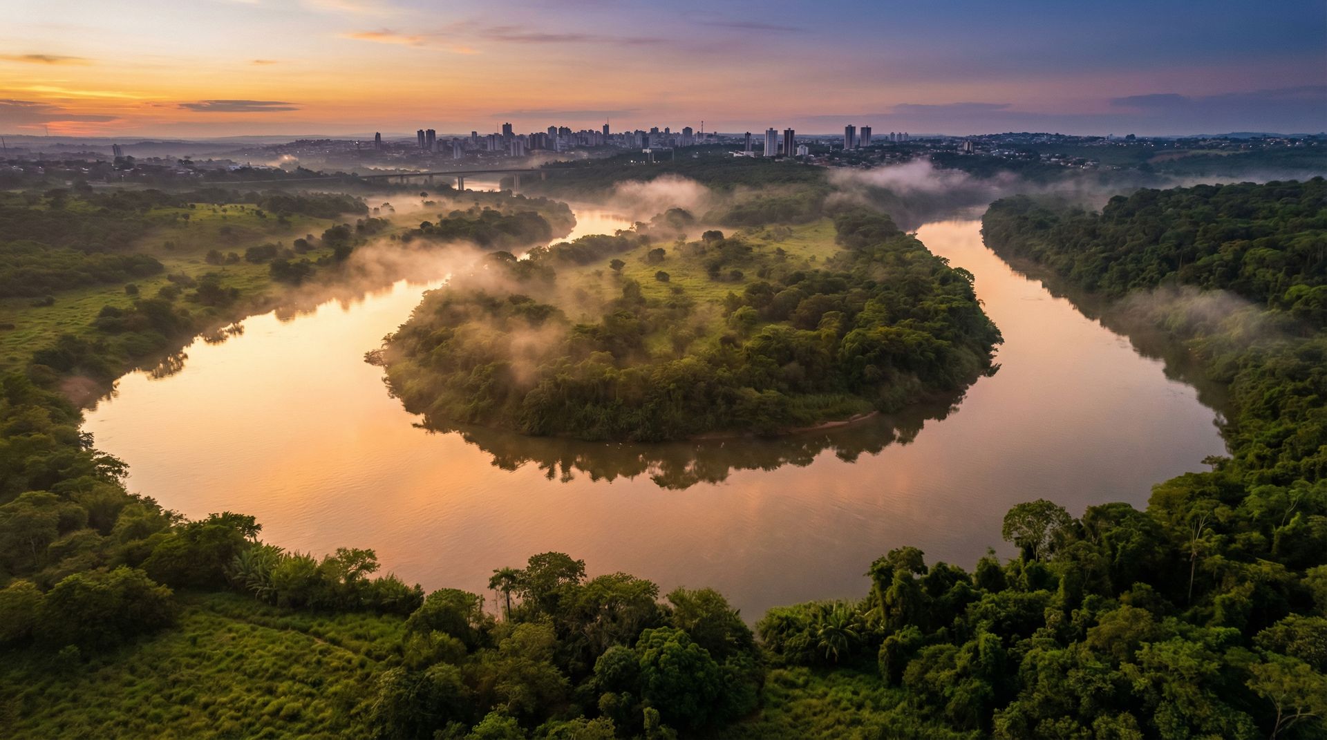 Vista aérea do Rio Cuiabá ao amanhecer